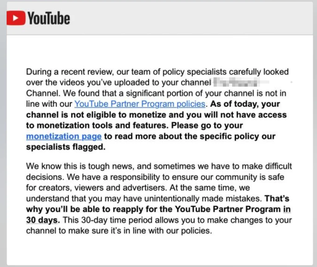 YouTube demonetization notice